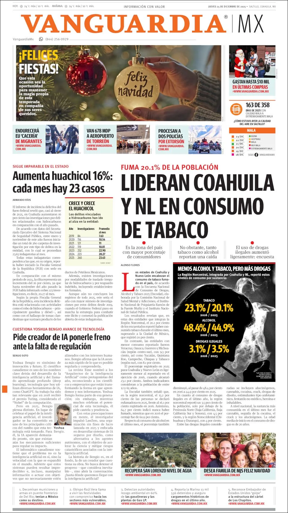 Portada de Vanguardia del jueves, 25 de diciembre de 2025