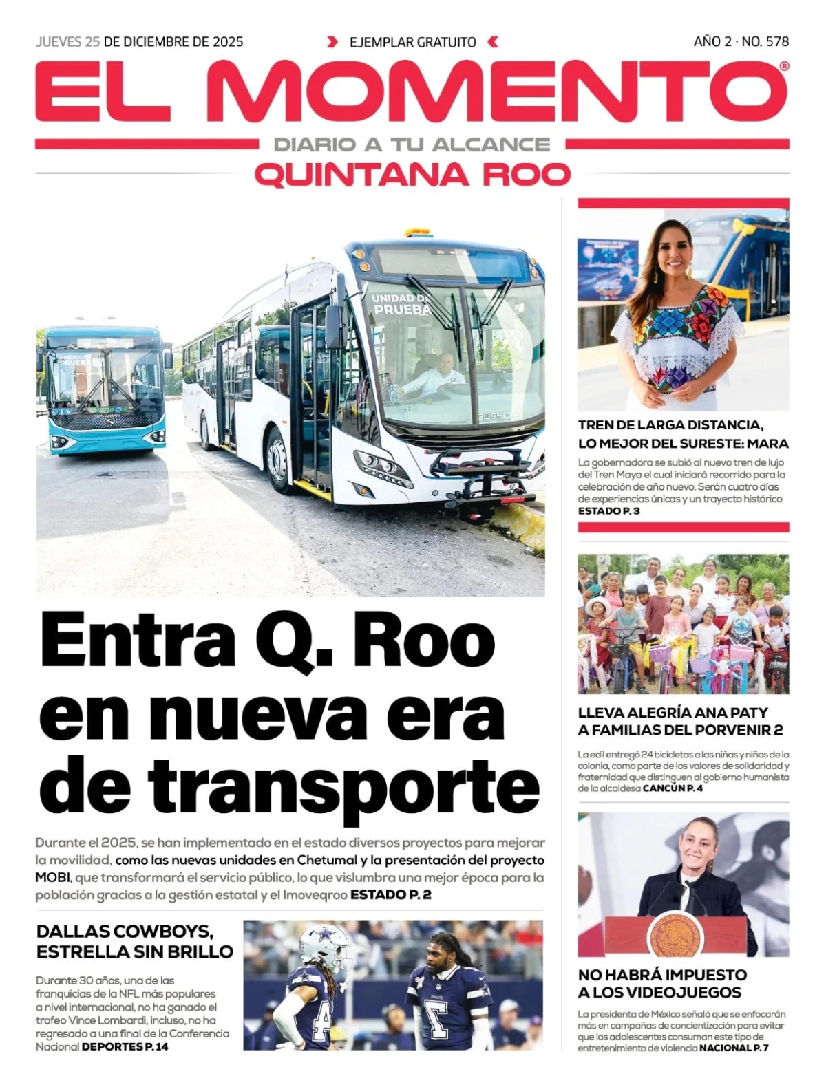 Portada de El Momento Quintana Roo del jueves, 25 de diciembre de 2025
