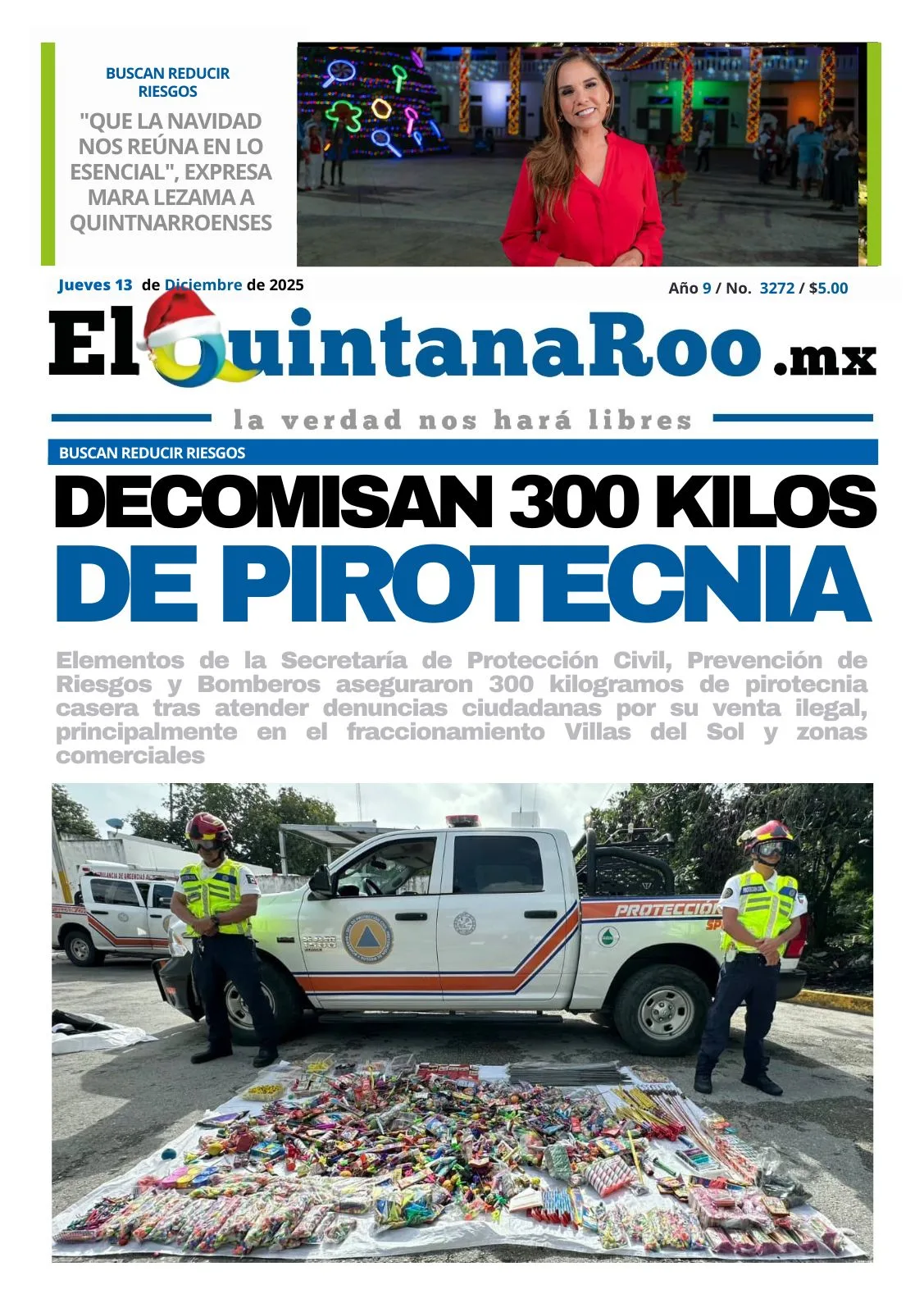 Portada de El Quintana Roo (portada) del sábado, 13 de diciembre de 2025