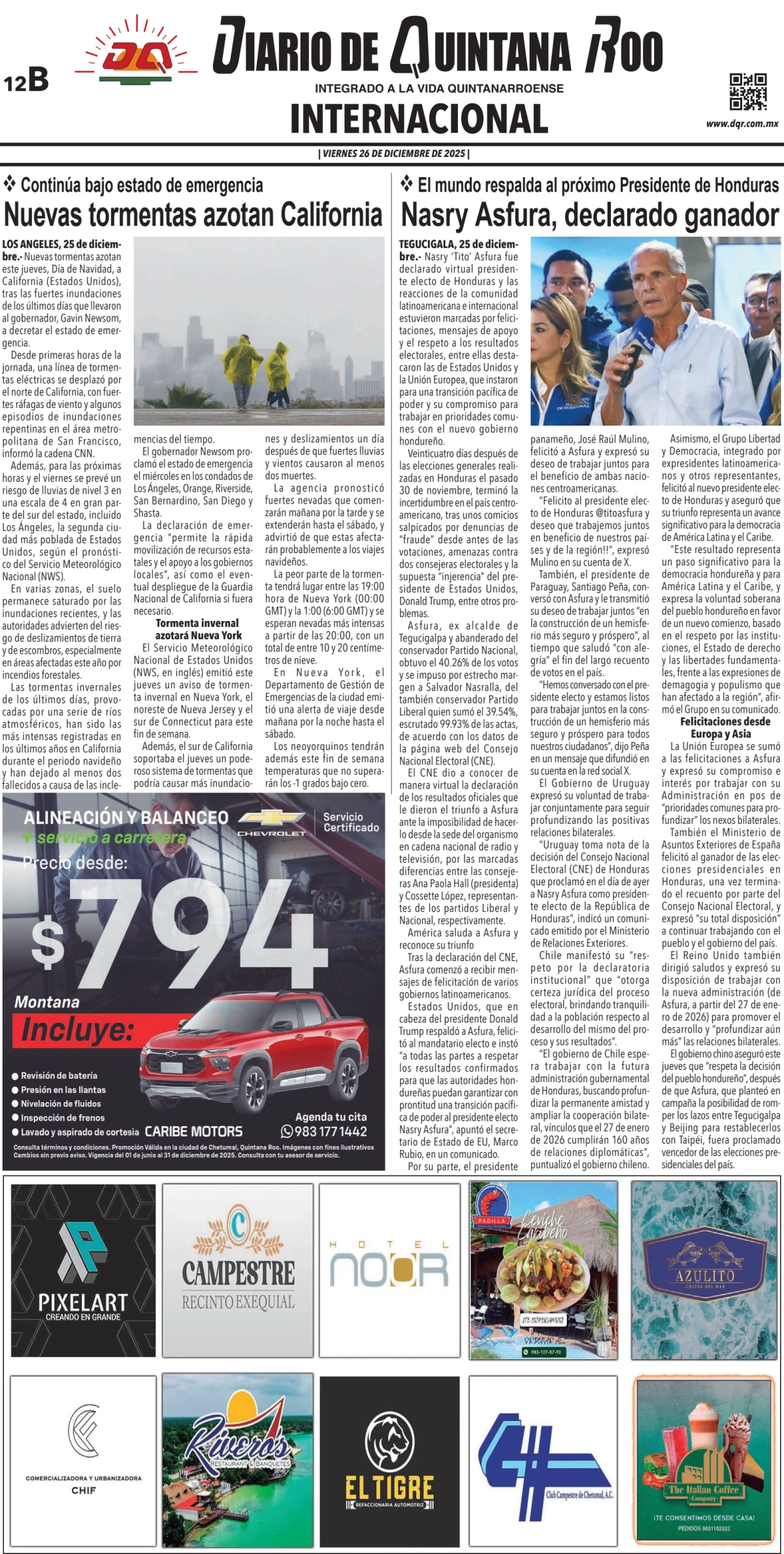 Portada de Diario de Quintana Roo (contra Portada) del viernes, 26 de diciembre de 2025