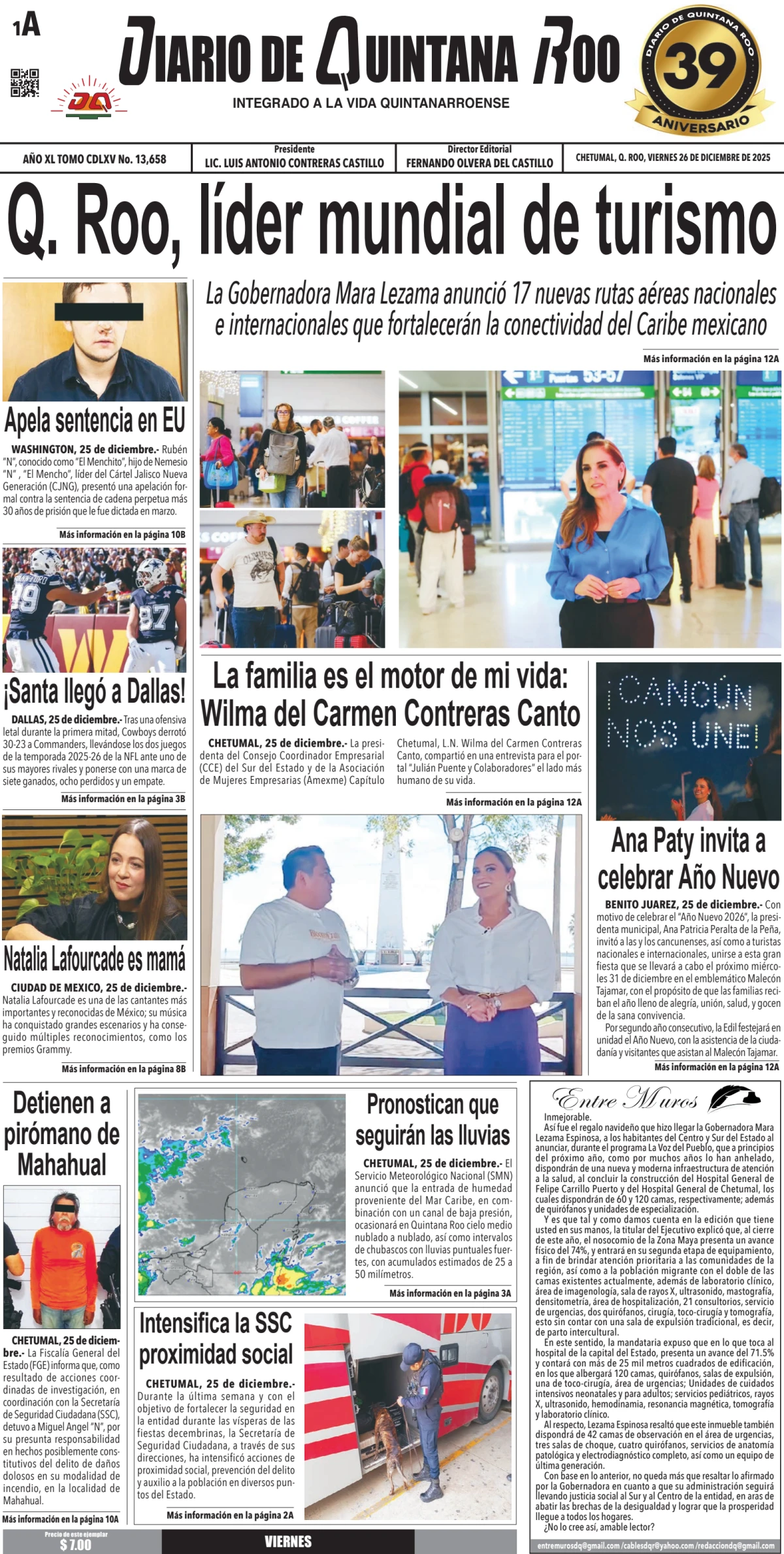 Portada de Diario de Quintana Roo (portada) del viernes, 26 de diciembre de 2025