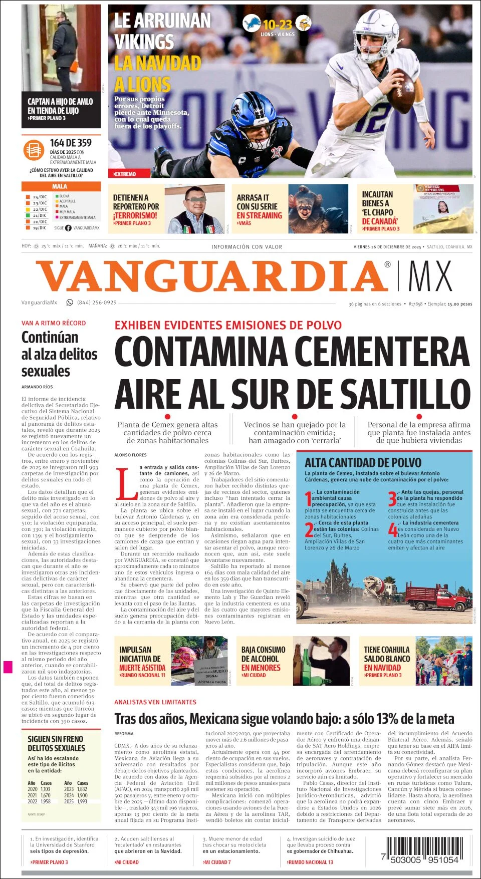 Portada de Vanguardia del viernes, 26 de diciembre de 2025
