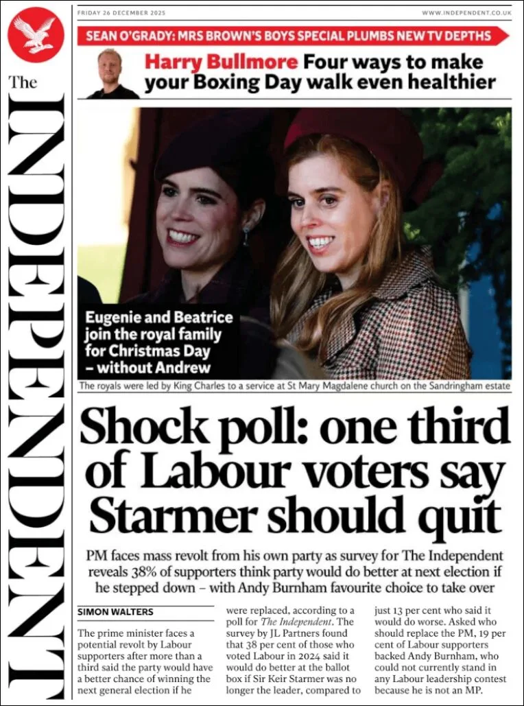 Portada de The Independent del viernes, 26 de diciembre de 2025