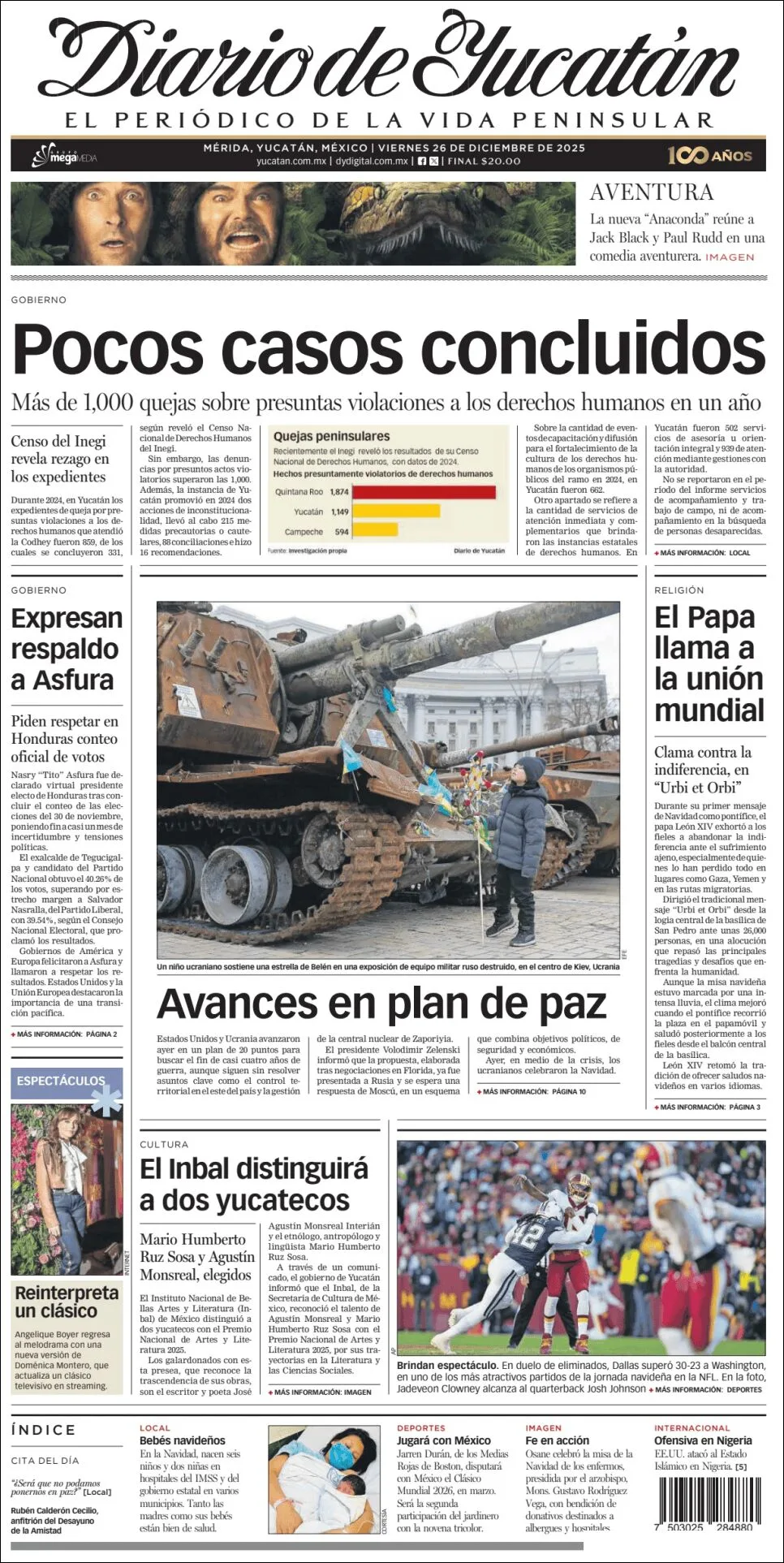 Portada de Diario de Yucatán del viernes, 26 de diciembre de 2025