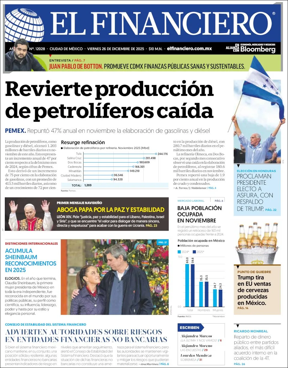 Portada de El Financiero del viernes, 26 de diciembre de 2025