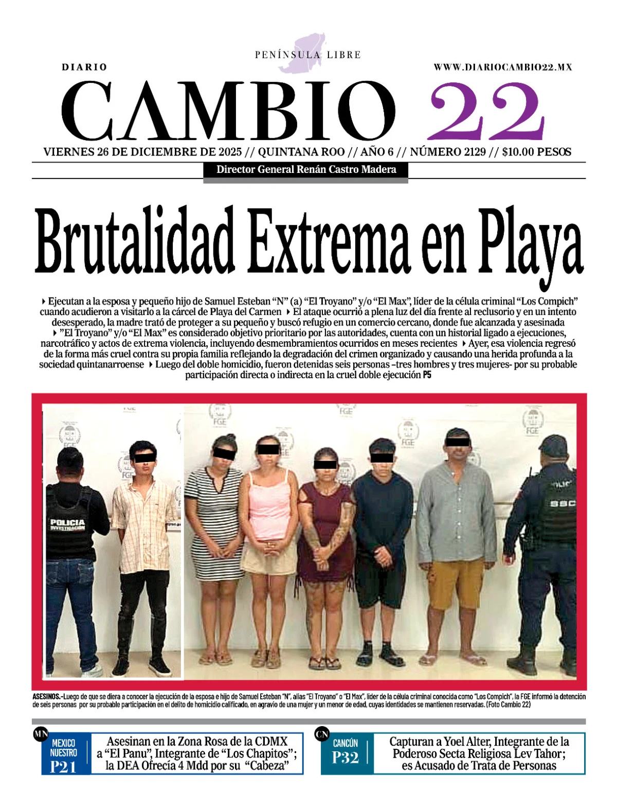 Portada de Diario Cambio 22 (contraportada) del viernes, 26 de diciembre de 2025