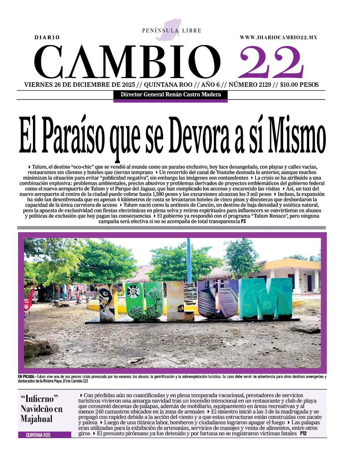 Portada de Diario Cambio 22 (portada) del viernes, 26 de diciembre de 2025