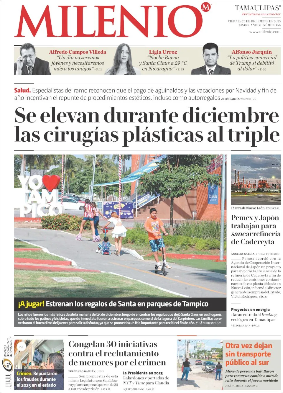 Portada de Milenio Tamaulipas del viernes, 26 de diciembre de 2025