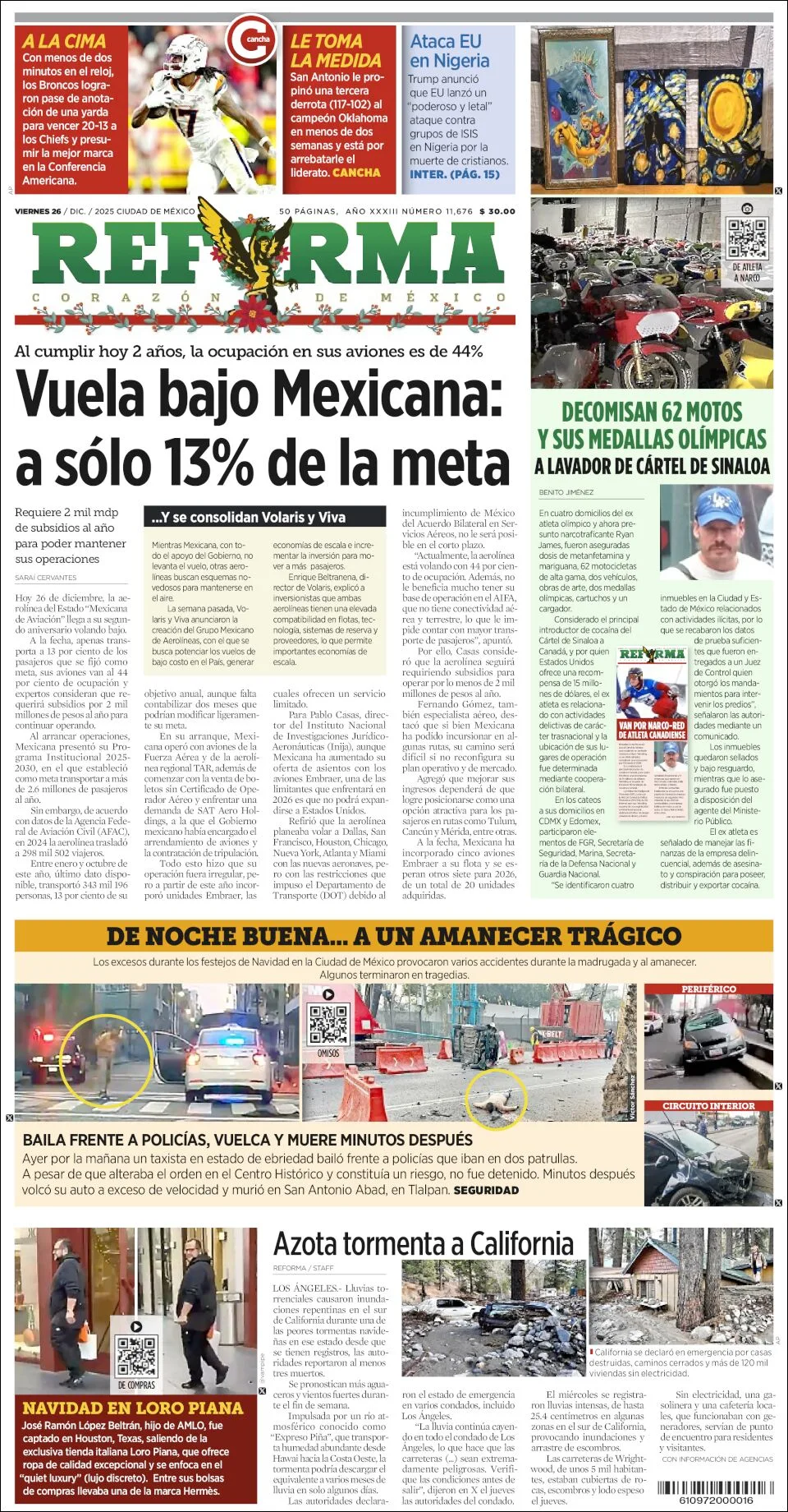 Portada de Reforma del viernes, 26 de diciembre de 2025