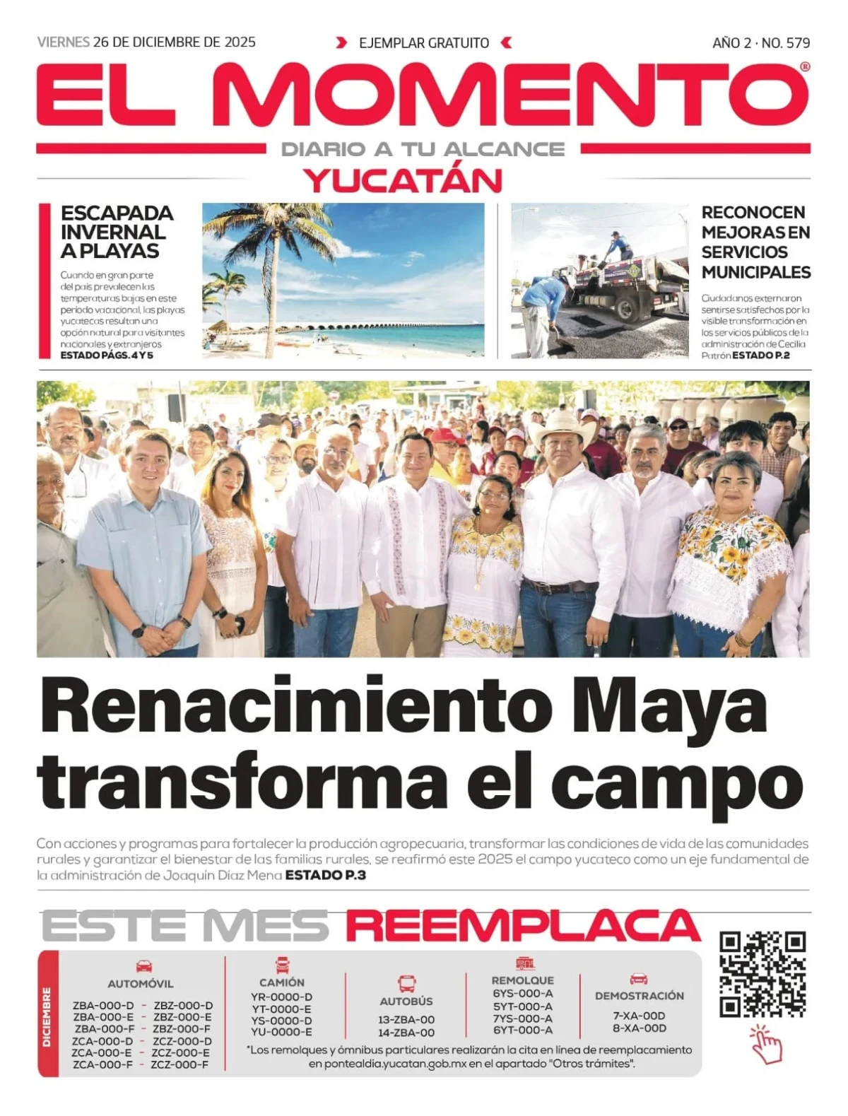 Portada de El Momento Yucatan del viernes, 26 de diciembre de 2025
