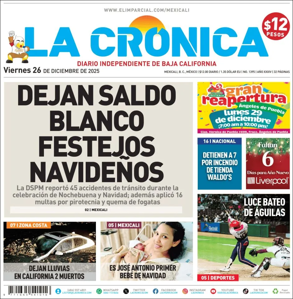 Portada de La Cronica del viernes, 26 de diciembre de 2025