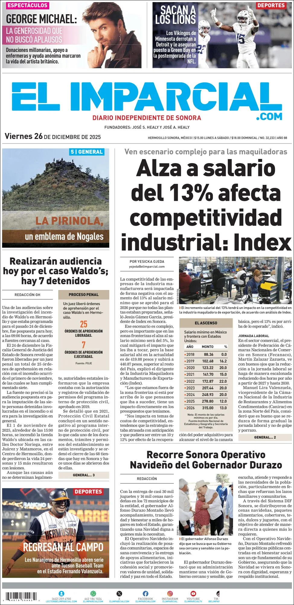 Portada de El Imparcial del viernes, 26 de diciembre de 2025