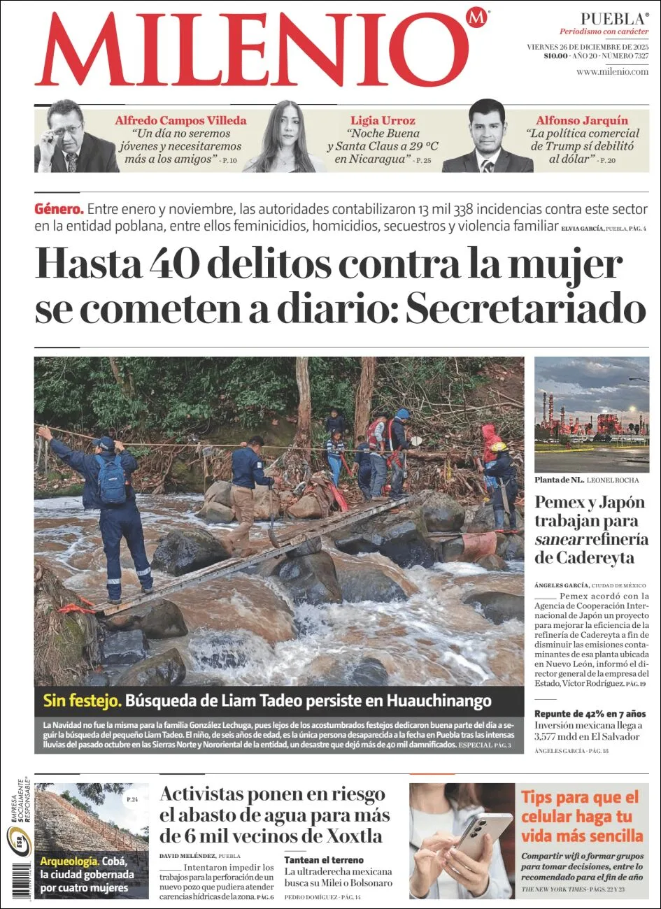 Portada de Milenio Puebla del viernes, 26 de diciembre de 2025