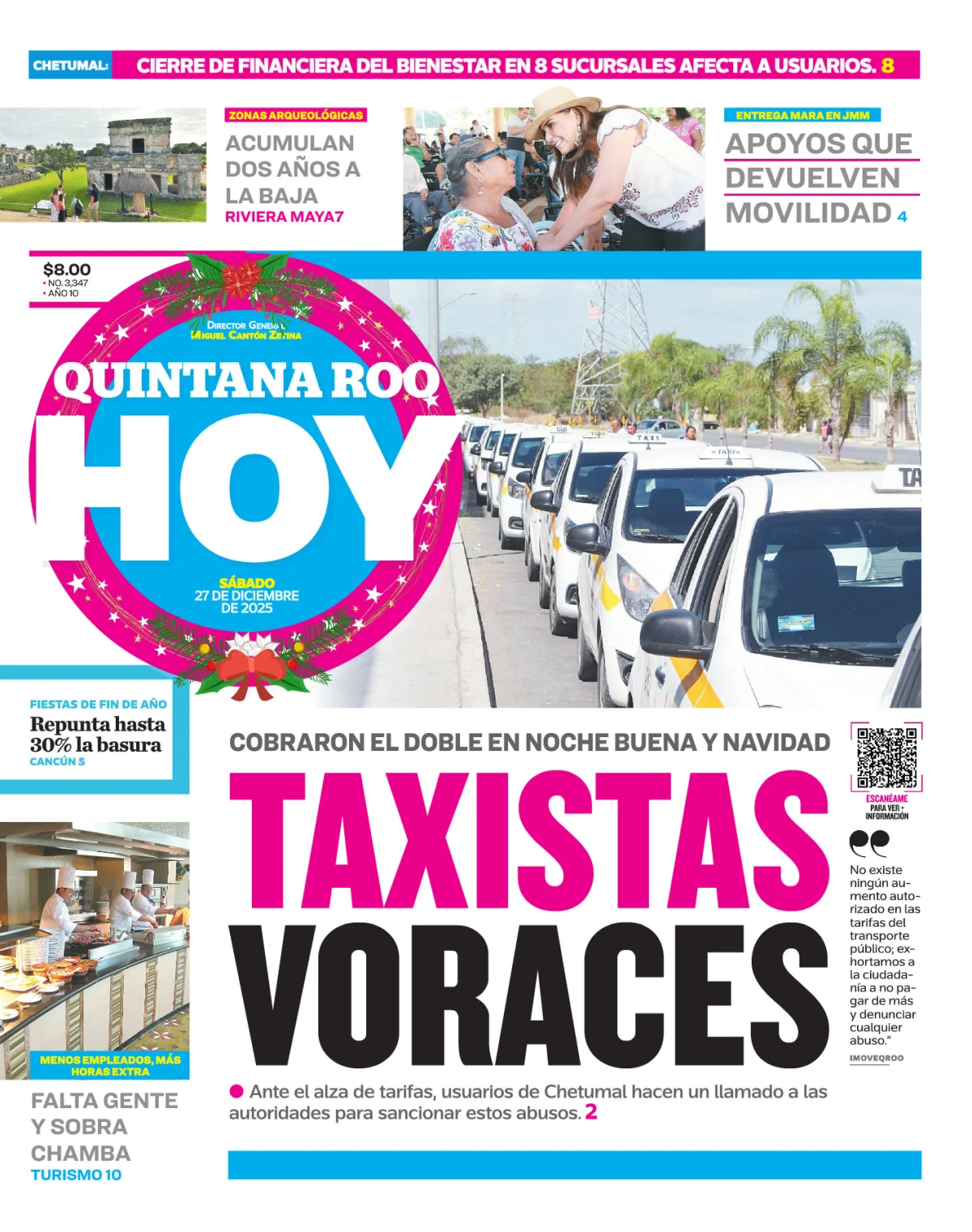Portada de Quintana Roo Hoy (portada) del sábado, 27 de diciembre de 2025