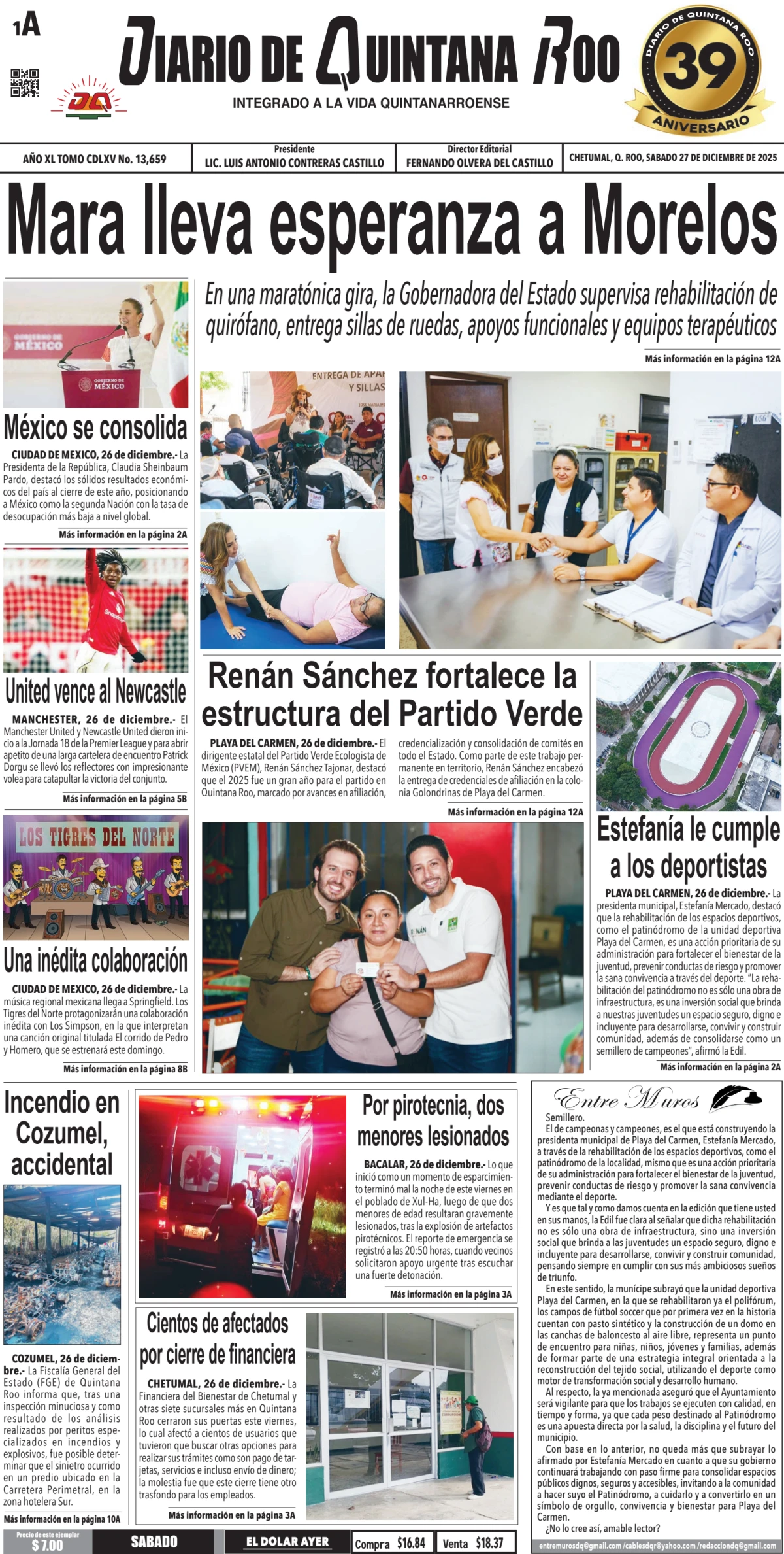 Portada de Diario de Quintana Roo (portada) del sábado, 27 de diciembre de 2025