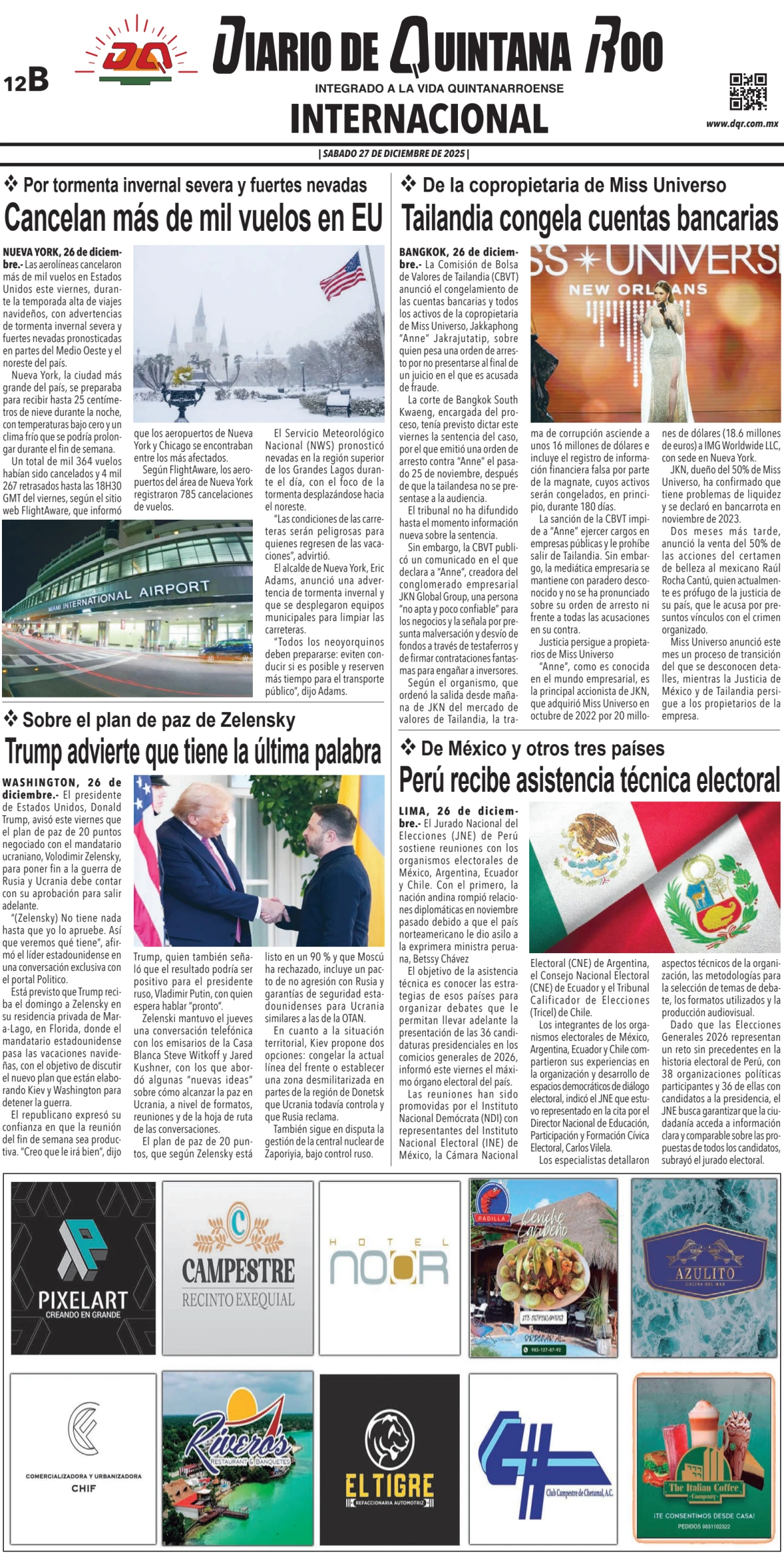Portada de Diario de Quintana Roo (contra Portada) del sábado, 27 de diciembre de 2025
