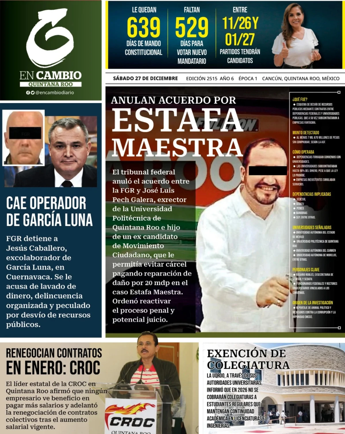 Portada de En Cambio - Quintana Roo (portada) del sábado, 27 de diciembre de 2025