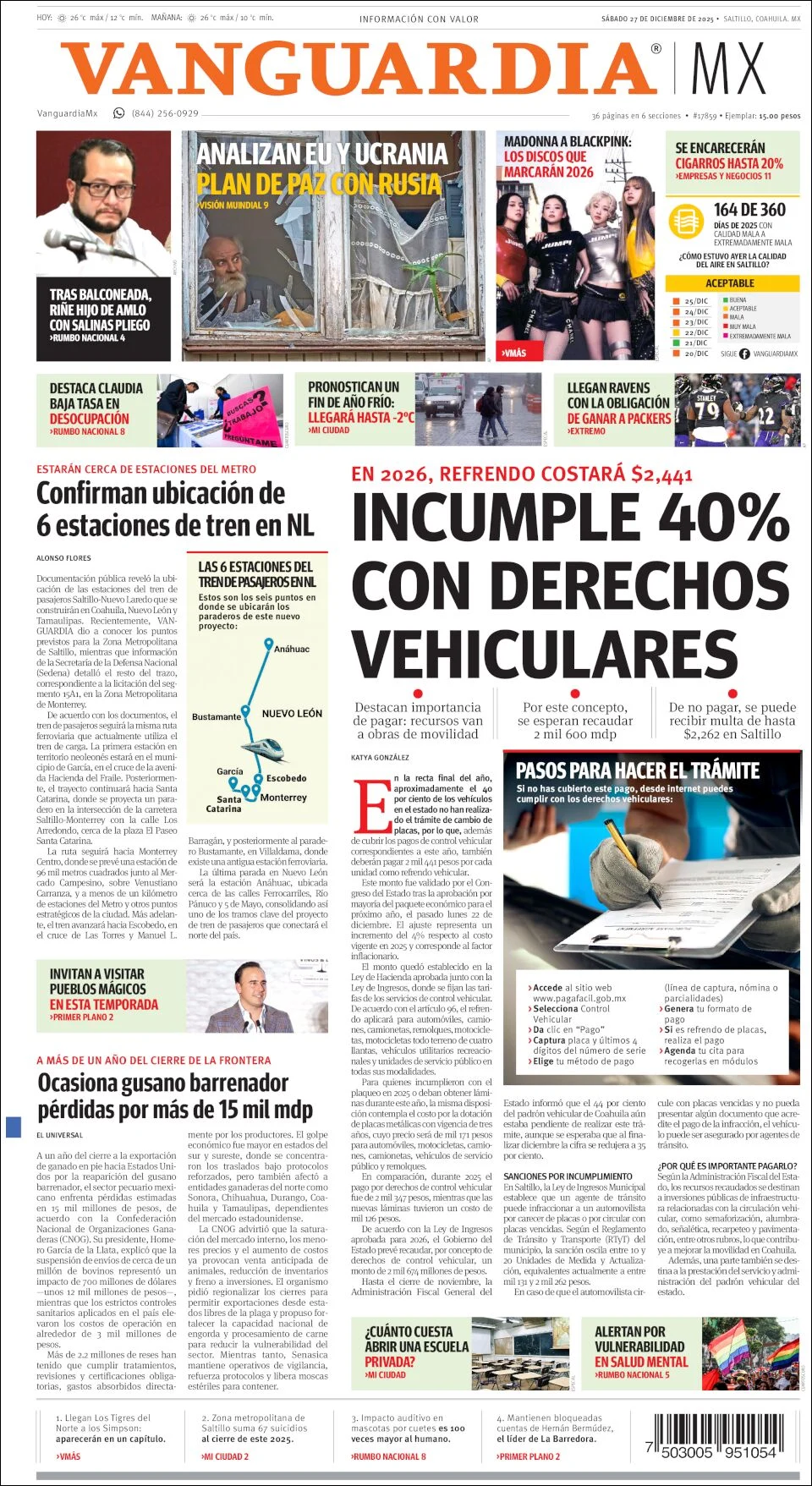 Portada de Vanguardia del sábado, 27 de diciembre de 2025
