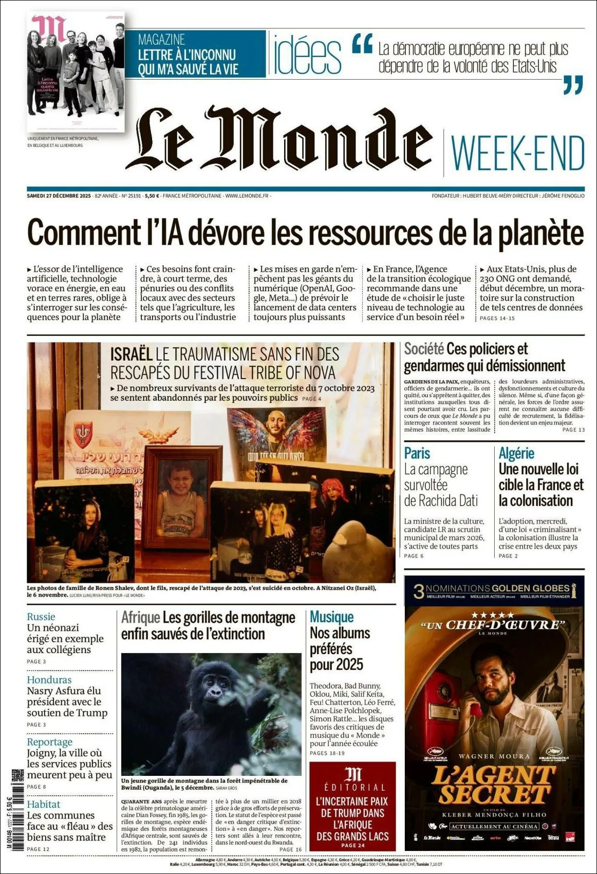 Portada de Le Monde del sábado, 27 de diciembre de 2025