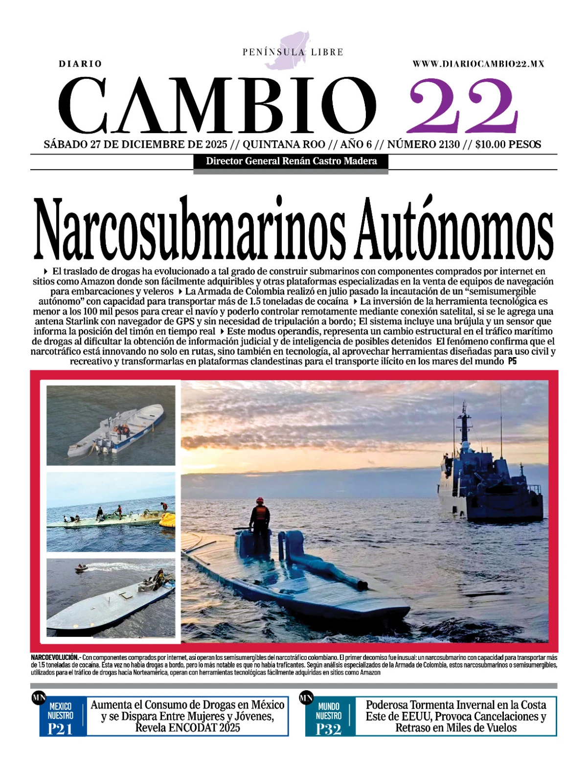 Portada de Diario Cambio 22 (contraportada) del sábado, 27 de diciembre de 2025