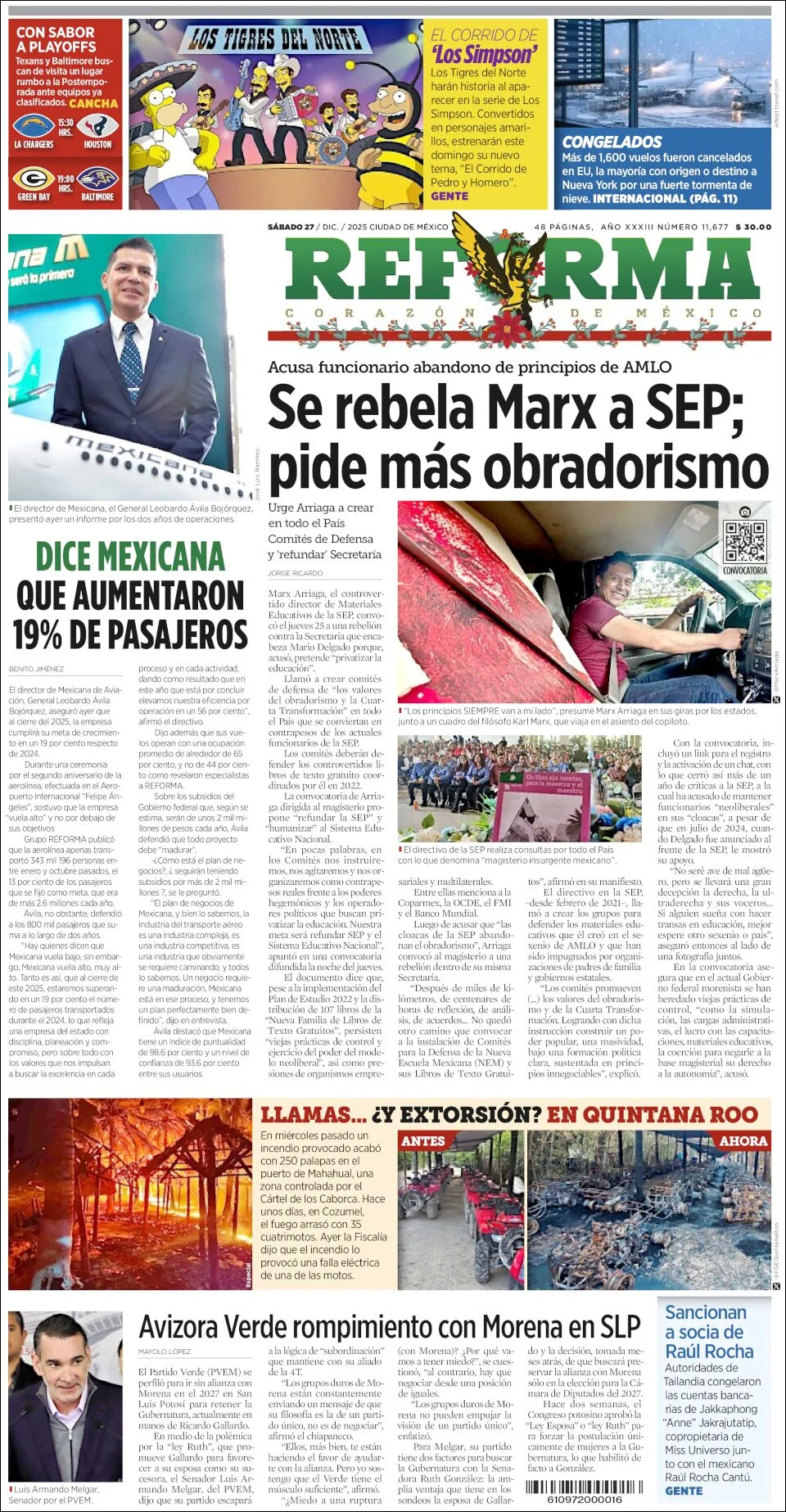 Portada de Reforma del sábado, 27 de diciembre de 2025
