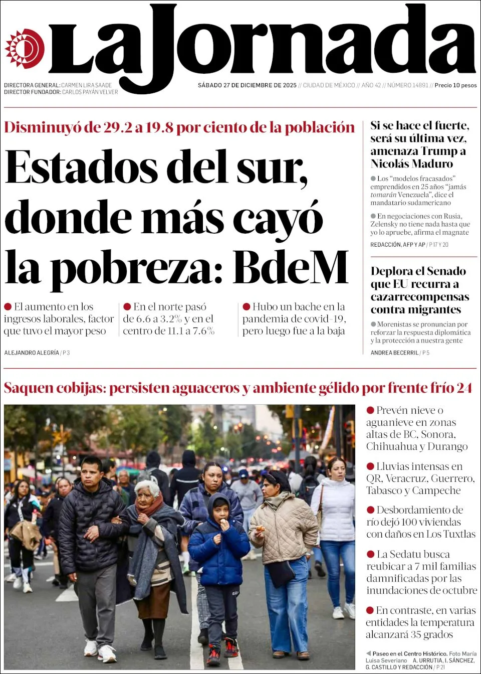 Portada de La Jornada del sábado, 27 de diciembre de 2025