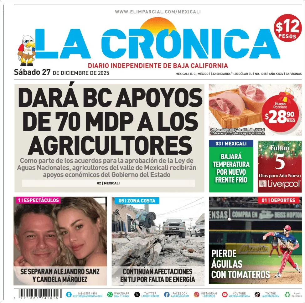 Portada de La Cronica del sábado, 27 de diciembre de 2025