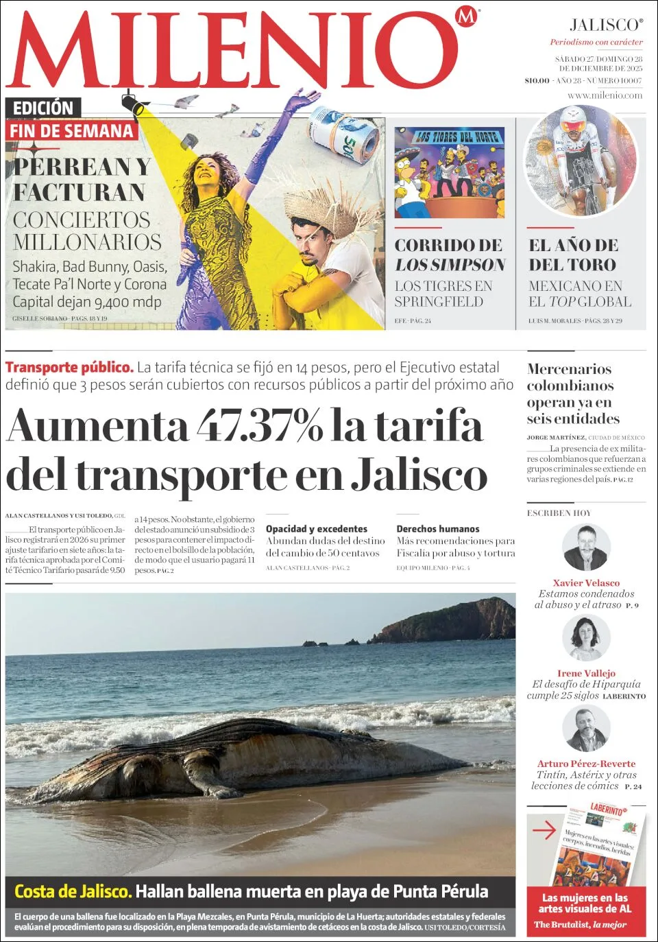 Portada de Milenio Jalisco del sábado, 27 de diciembre de 2025