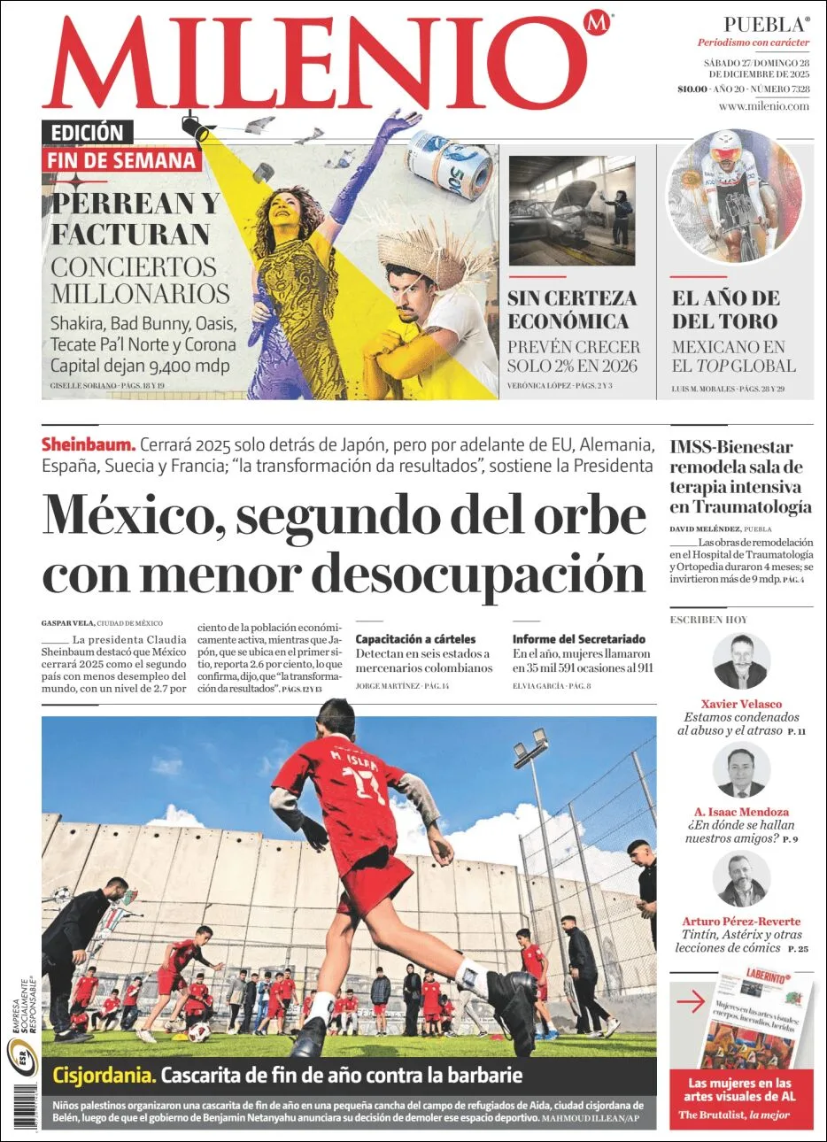 Portada de Milenio Puebla del sábado, 27 de diciembre de 2025