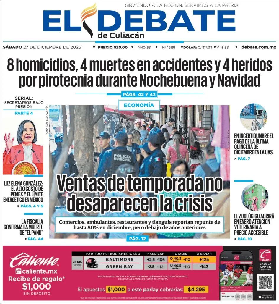 Portada de El Debate de Culiacan del sábado, 27 de diciembre de 2025