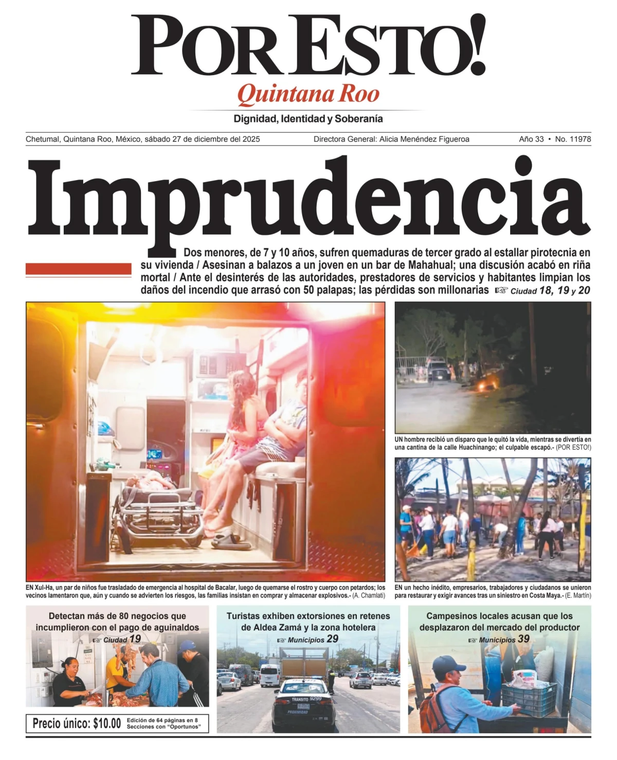 Portada de Por Esto (quintana Roo Chetumal) del sábado, 27 de diciembre de 2025