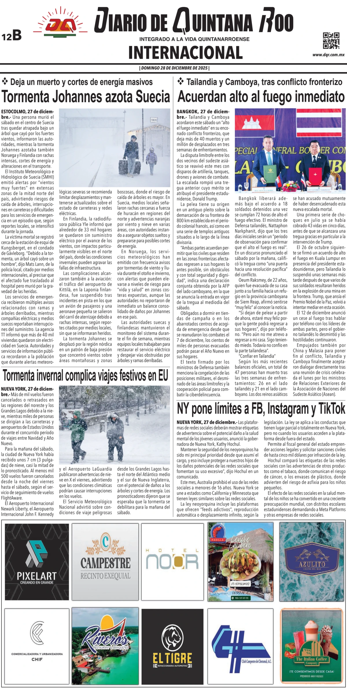 Portada de Diario de Quintana Roo (contra Portada) del domingo, 28 de diciembre de 2025