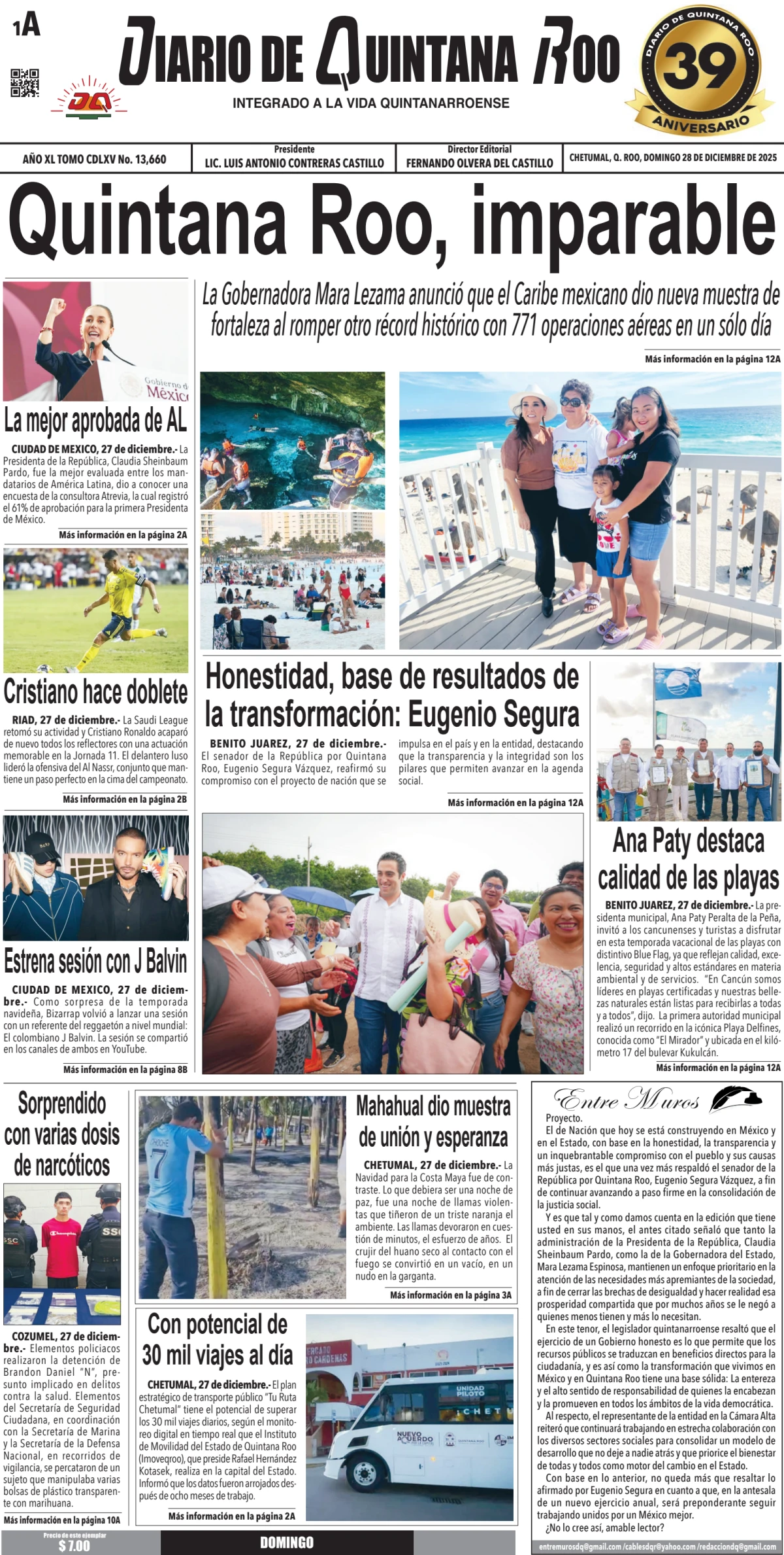 Portada de Diario de Quintana Roo (portada) del domingo, 28 de diciembre de 2025