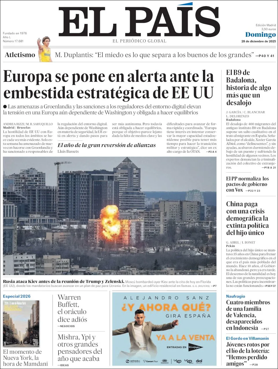 Portada de El Pais del domingo, 28 de diciembre de 2025