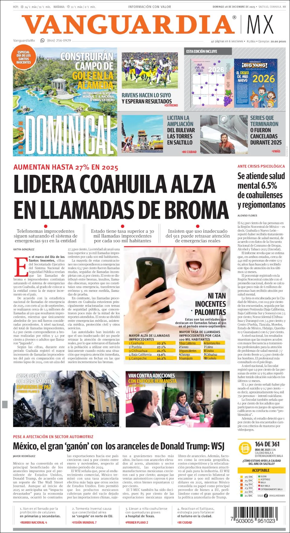 Portada de Vanguardia del domingo, 28 de diciembre de 2025