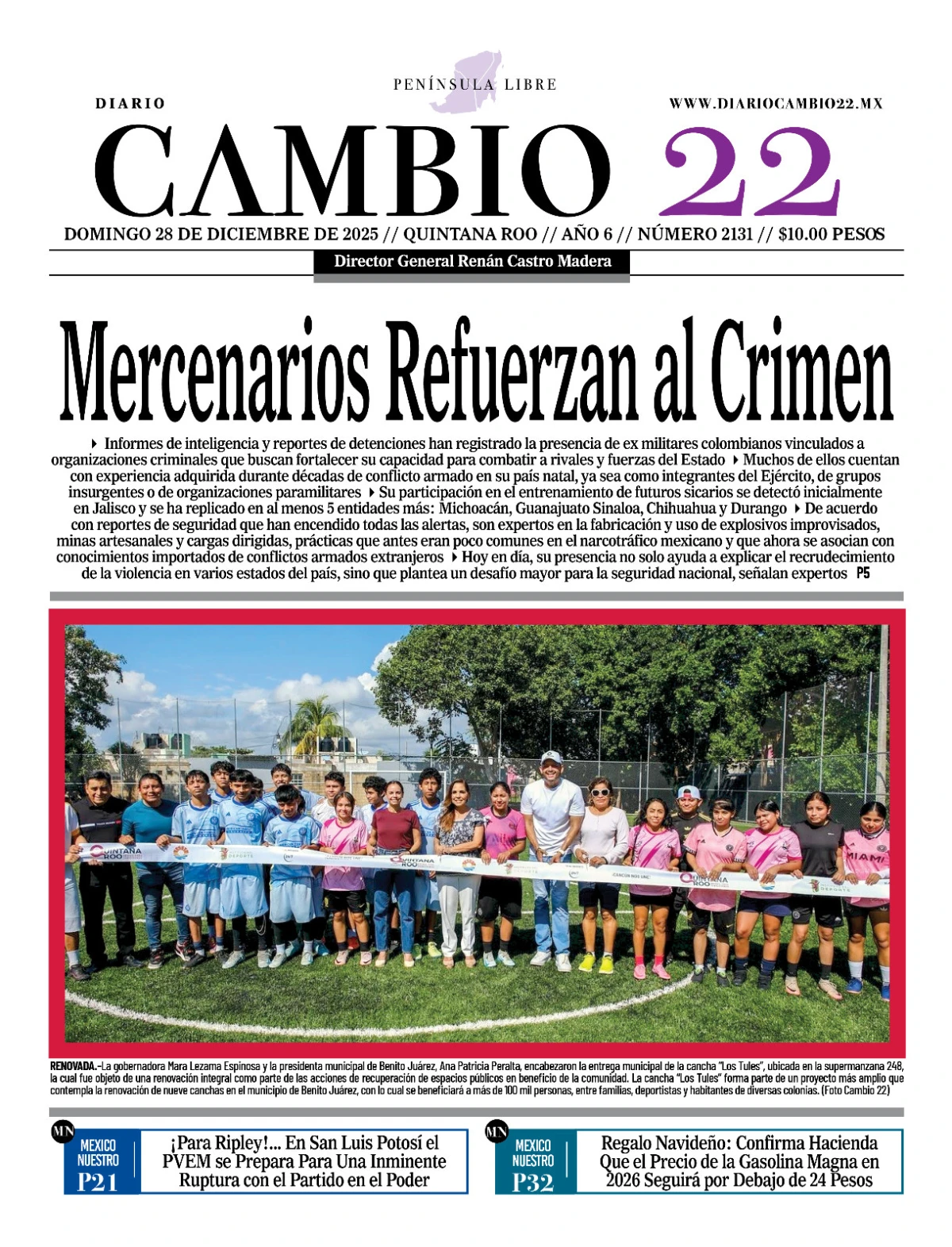 Portada de Diario Cambio 22 (contraportada) del domingo, 28 de diciembre de 2025