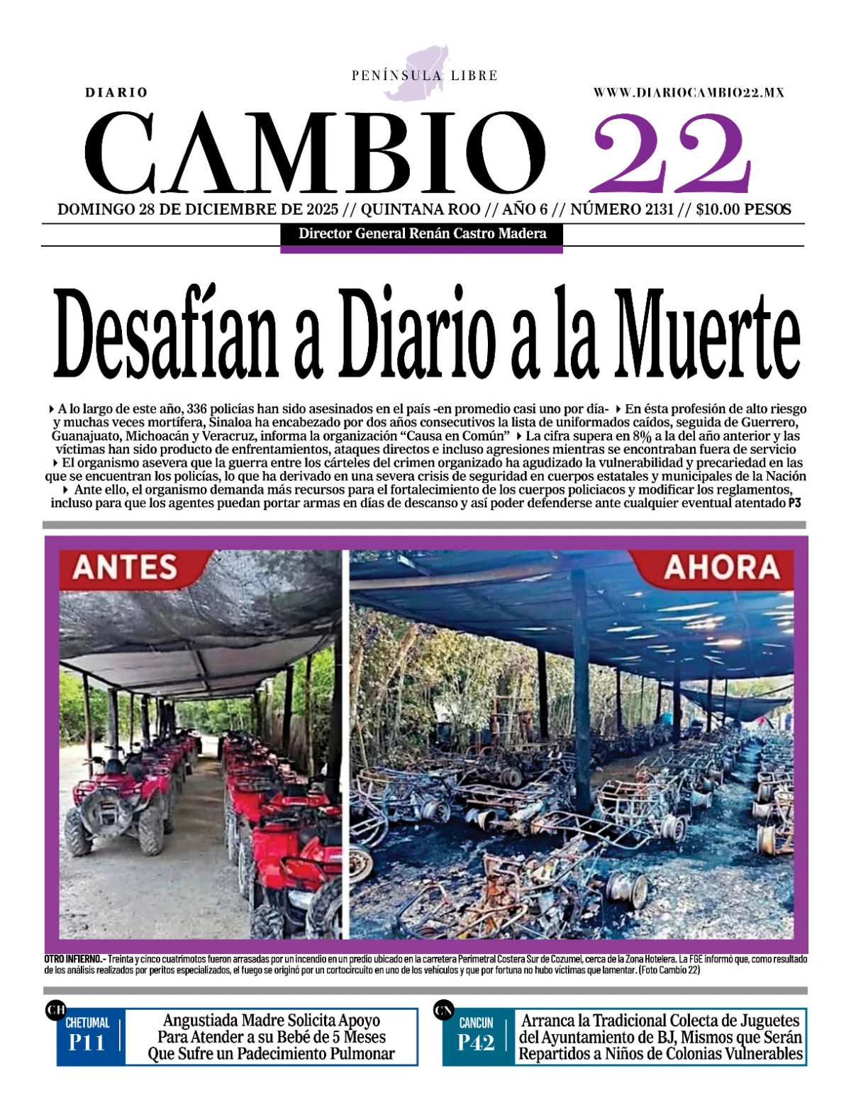 Portada de Diario Cambio 22 (portada) del domingo, 28 de diciembre de 2025