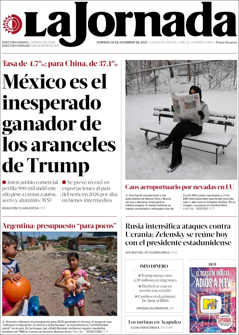 Portada de La Jornada del domingo, 28 de diciembre de 2025