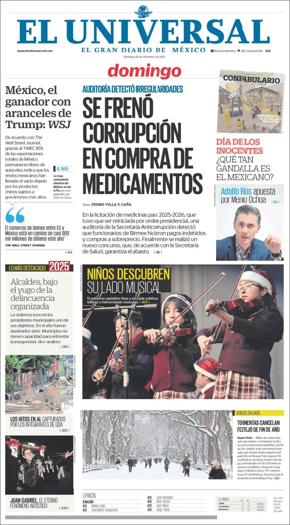 Portada de El Universal del domingo, 28 de diciembre de 2025
