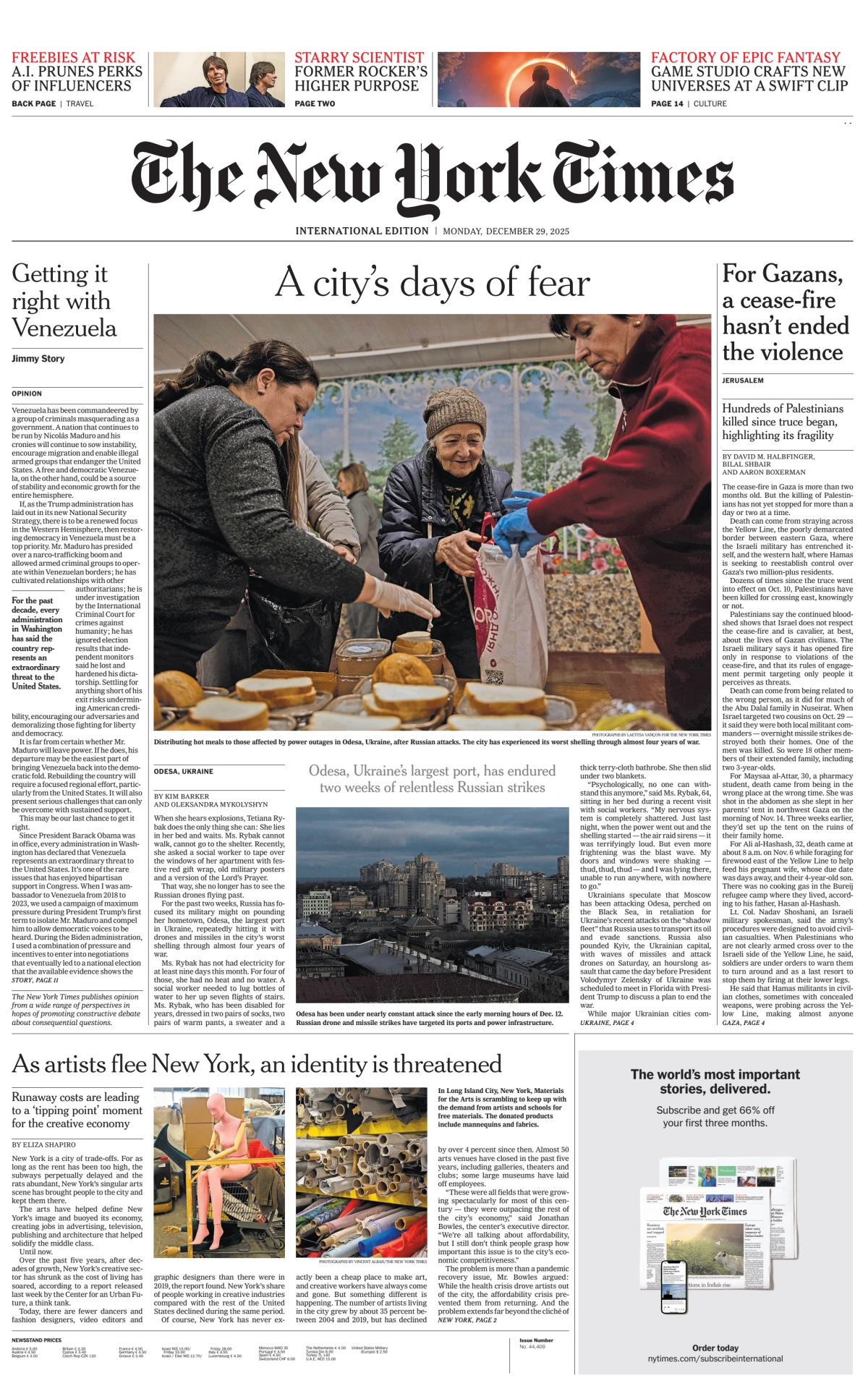 Portada de The New York Times (international) del lunes, 29 de diciembre de 2025