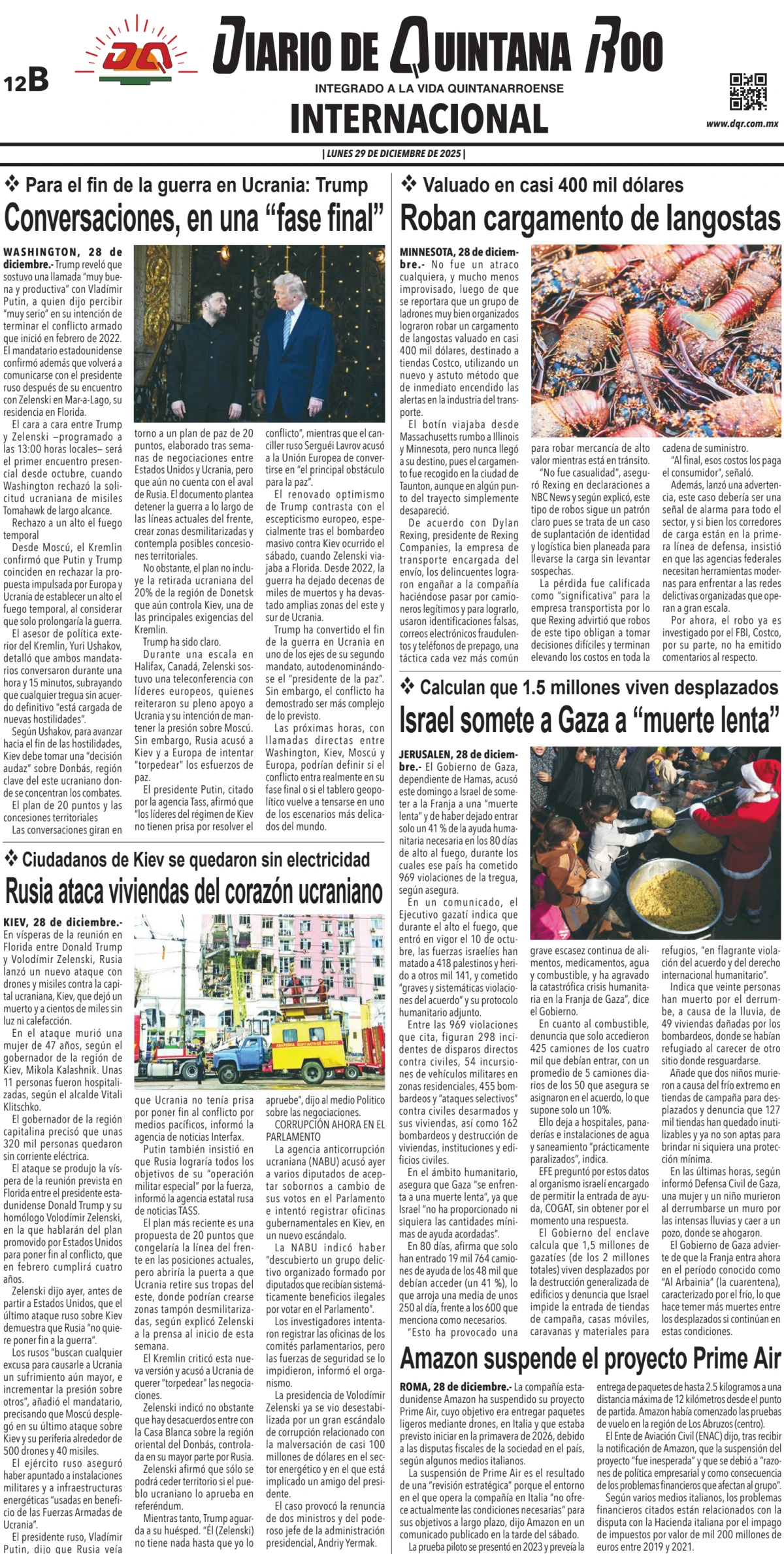 Portada de Diario de Quintana Roo (contra Portada) del lunes, 29 de diciembre de 2025