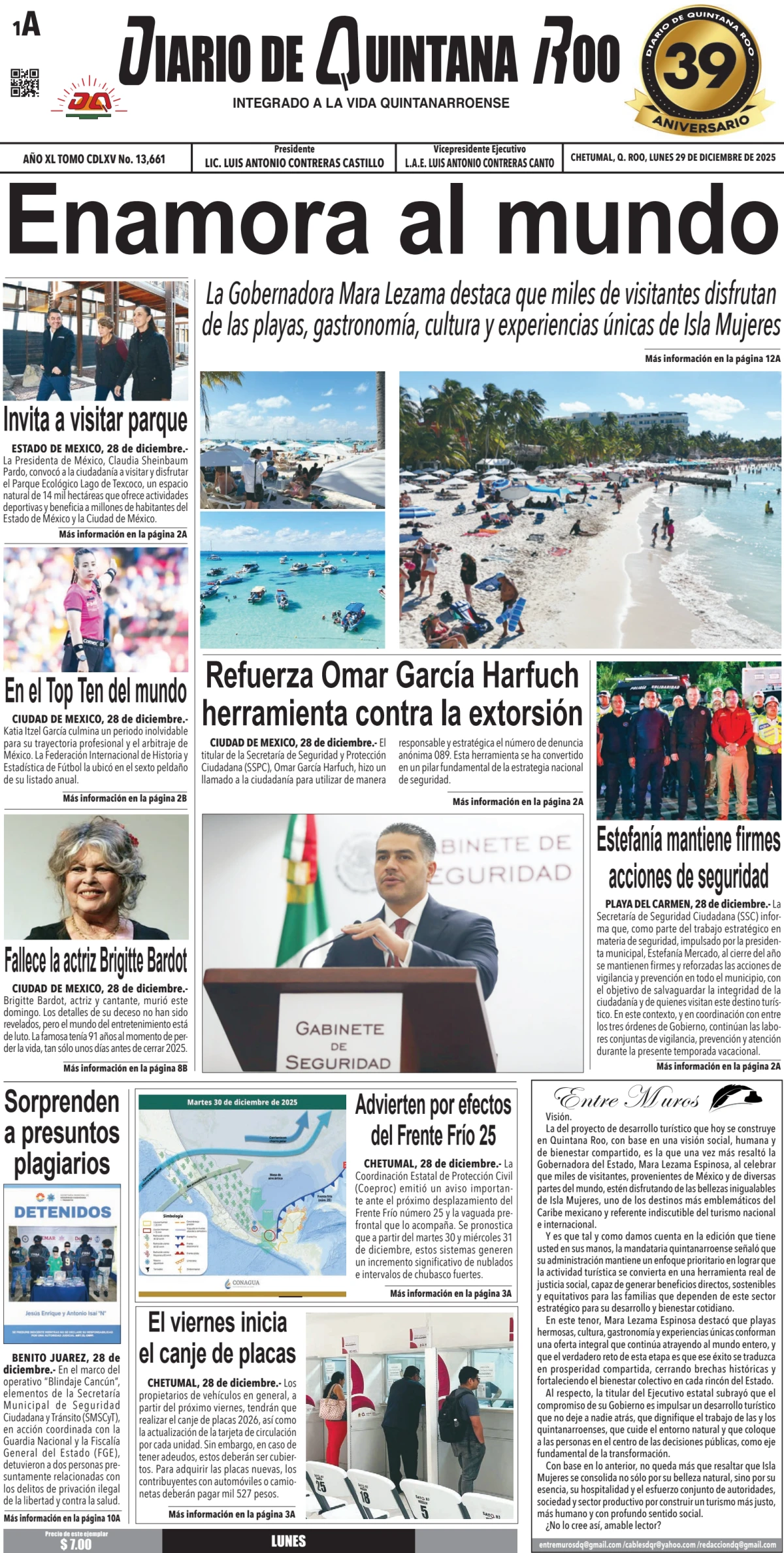 Portada de Diario de Quintana Roo (portada) del lunes, 29 de diciembre de 2025