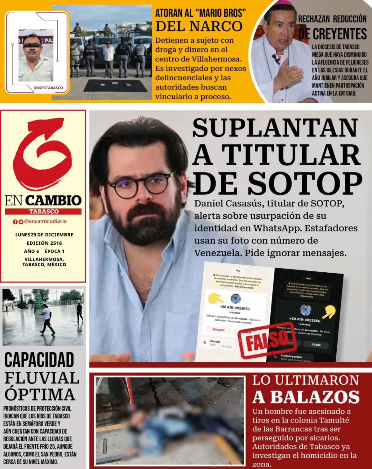 Portada de En Cambio - Tabasco (contraportada) del lunes, 29 de diciembre de 2025