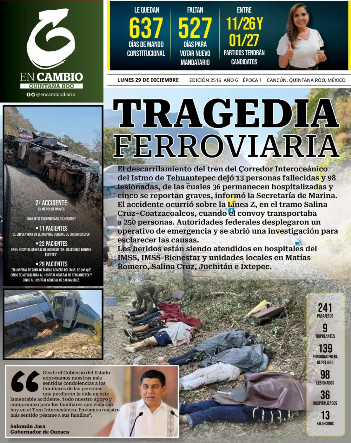Portada de En Cambio - Quintana Roo (portada) del lunes, 29 de diciembre de 2025
