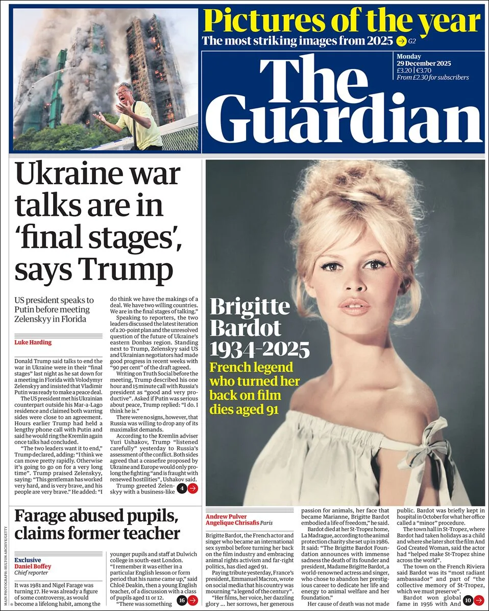 Portada de The Guardian (reino Unido) del lunes, 29 de diciembre de 2025