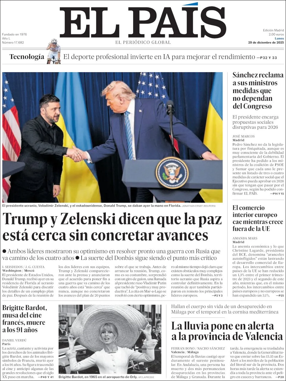 Portada de El Pais del lunes, 29 de diciembre de 2025