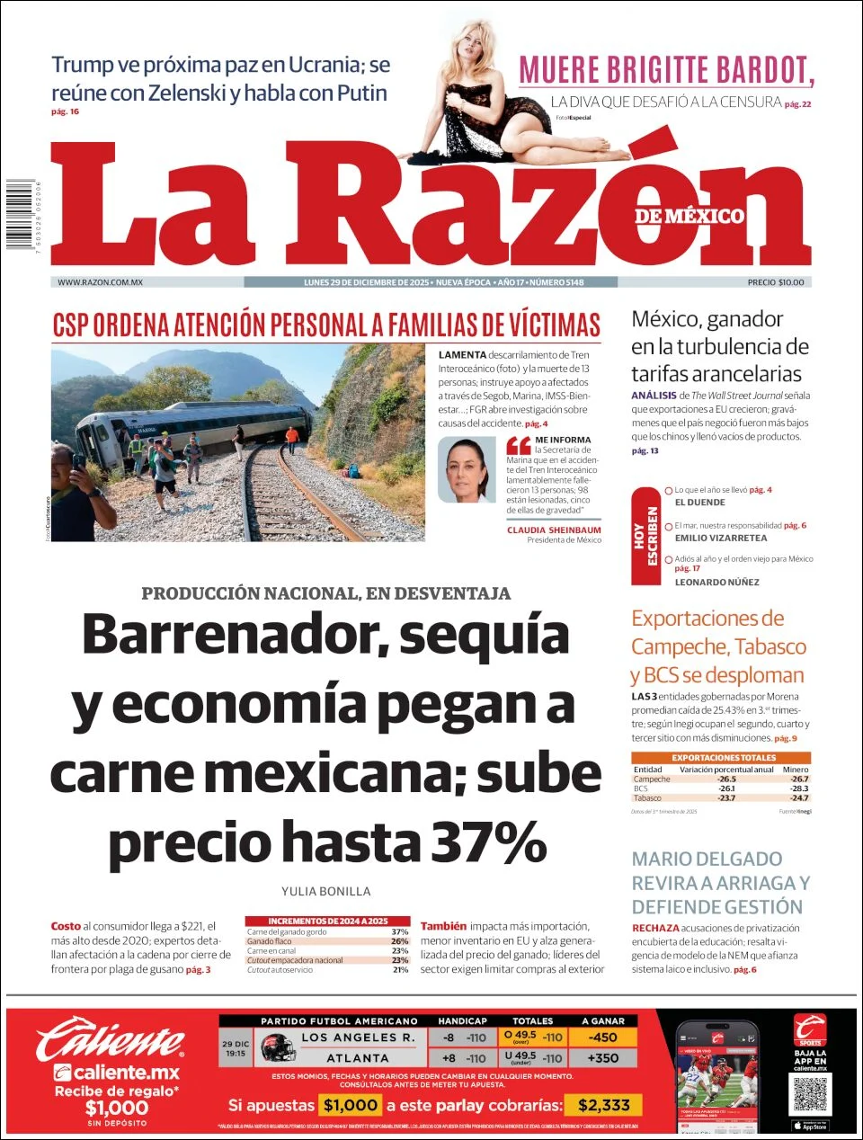 Portada de La Razon del lunes, 29 de diciembre de 2025
