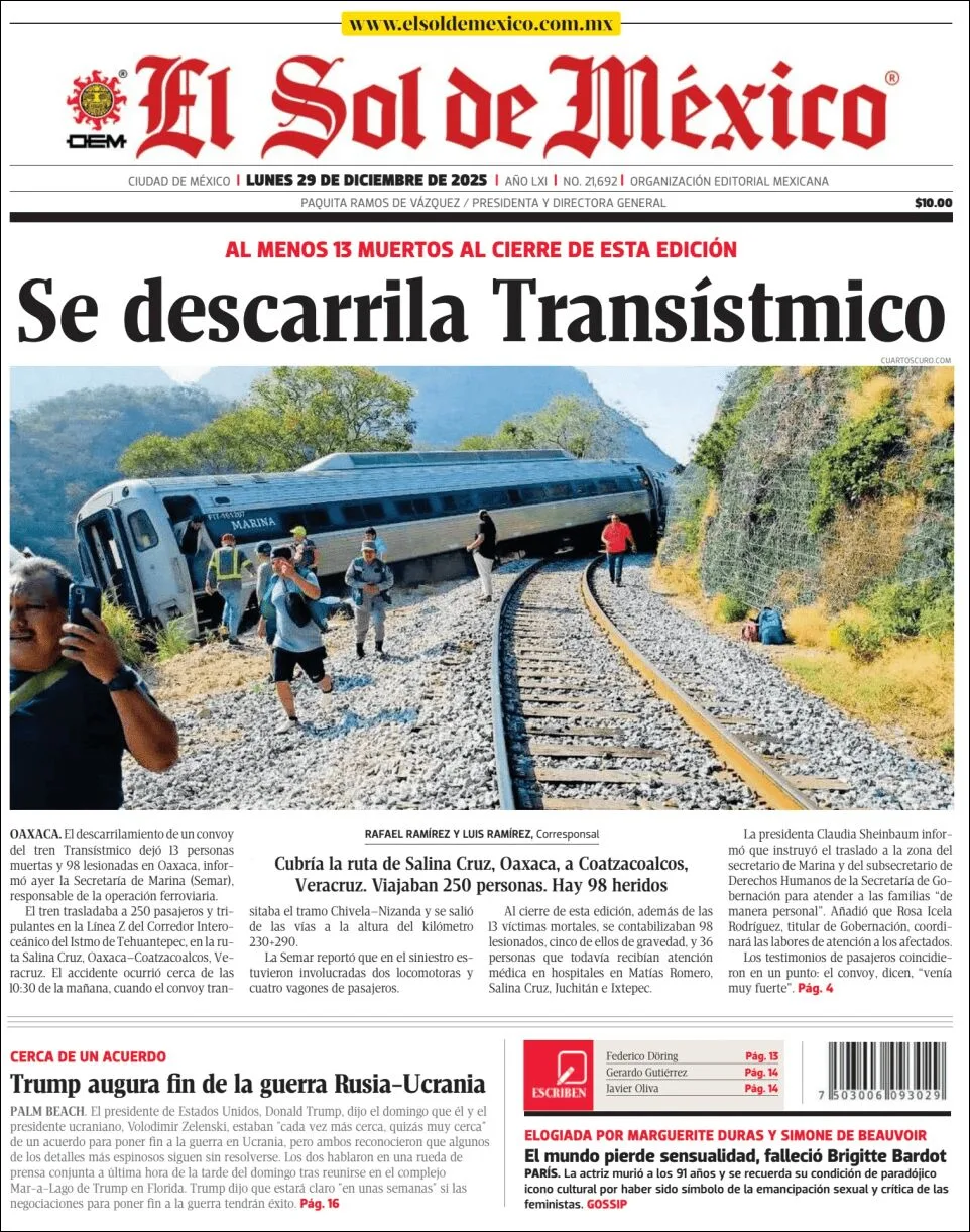 Portada de El Sol de Mexico del lunes, 29 de diciembre de 2025