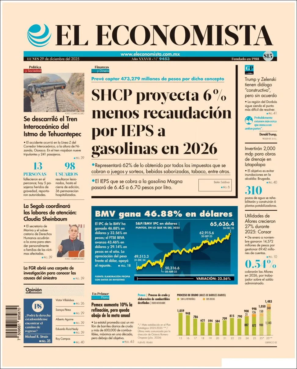 Portada de El Economista del lunes, 29 de diciembre de 2025