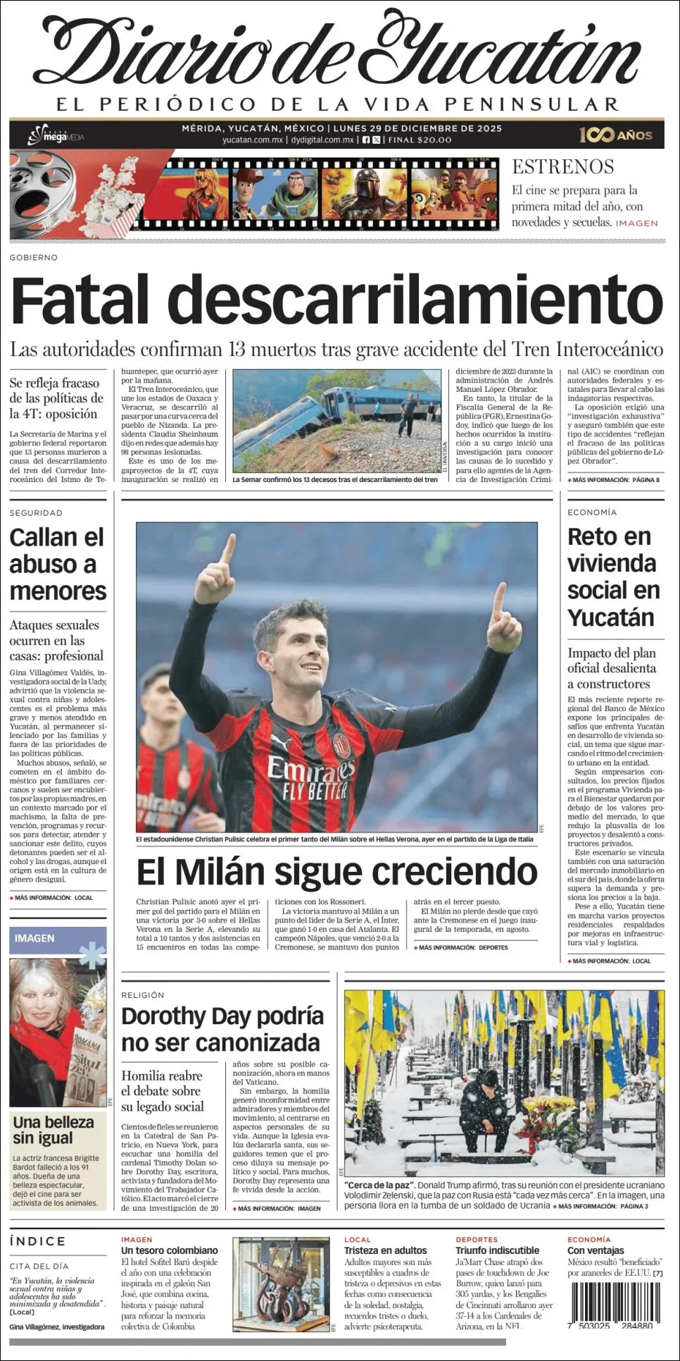 Portada de Diario de Yucatán del lunes, 29 de diciembre de 2025
